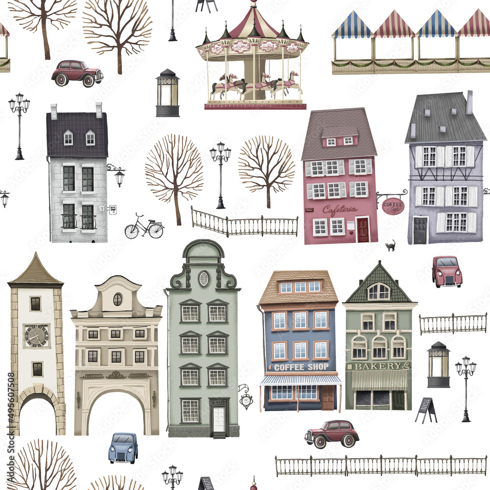 Seamless pattern. Townscape in retro style. Facades of houses. A Park with a carousel, stalls and trees. White background. Stock illustration. 