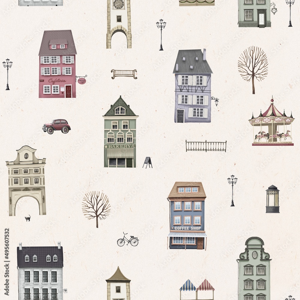 Seamless European city sparse pattern. Facades of houses, cafes, shops, carousel, bench, bicycle, car, lights. Vintage retro style. Stock illustration.