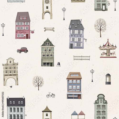 Seamless European city sparse pattern. Facades of houses, cafes, shops, carousel, bench, bicycle, car, lights. Vintage retro style. Stock illustration.