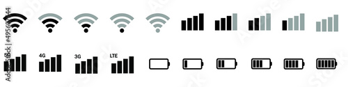 Mobile phone system icons vector set. Wifi signal strength illustration sign collection. battery charge level symbol.