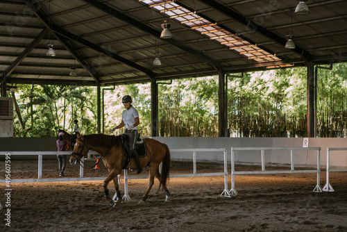 Woman trains in horseback riding in the arena. A pedigree horse for equestrian sport. The sportswoman on a horse. The horsewoman on a horse. Equestrianism. Horse riding. Rider on a horse. © Yuliya Kirayonak