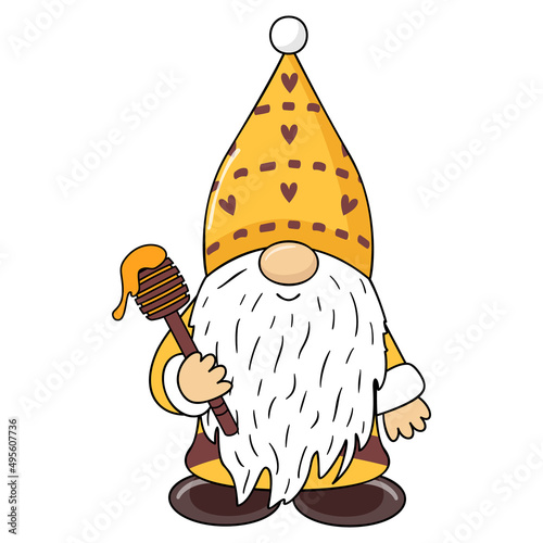 Gnome with a spoon for honey in his hands. Dwarf bees. Garden gnome with beehive and bees. Honey farms. Types of bees. Spring elves with hats. Vector illustration for kids.