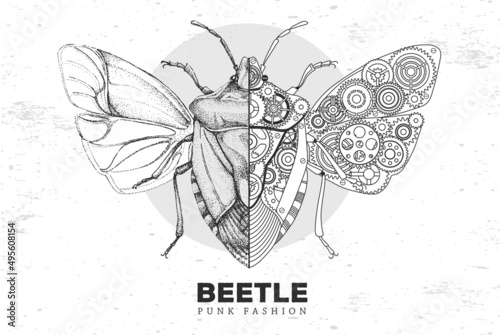 Realistic and punk style  shield beetle illustration. Beetle silhouette with gears. Vector illustration