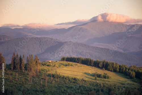 beautiful landscape of mountains and houses, against the backdrop of the mountains Ukraine Carpathians