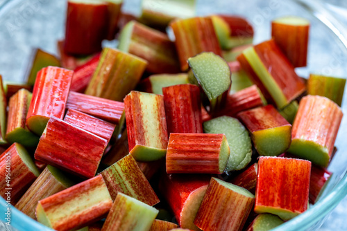 A bowl of uncooked chopped rhubarb