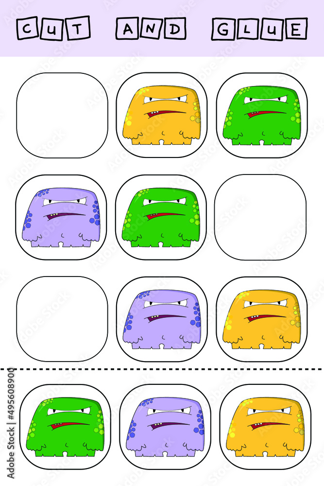 worksheet vector design, the task is to cut and glue a piece on colorful monsters. Logic game for children. worksheet vector design, the task is to cut and glue a piece on colorful monsters. Logic game for children.