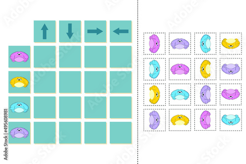 Match cartoon monsters and directions up, down, left and right. Educational game for children.