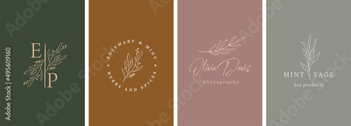 Elegant, botanique logo collection, hand drawn illustrations of flowers, leaves and twig, delicate and minimal monogram design photo