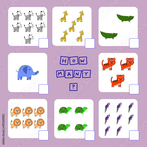 How many counting game with funny wild animals . Preschool worksheet, kids activity sheet, printable worksheet
