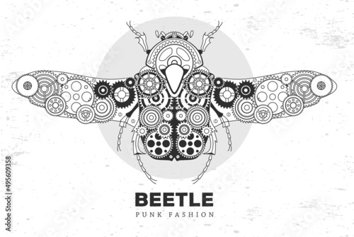 Flower chafer beetle silhouette with gears. Punk style. Beetle vector illustration photo