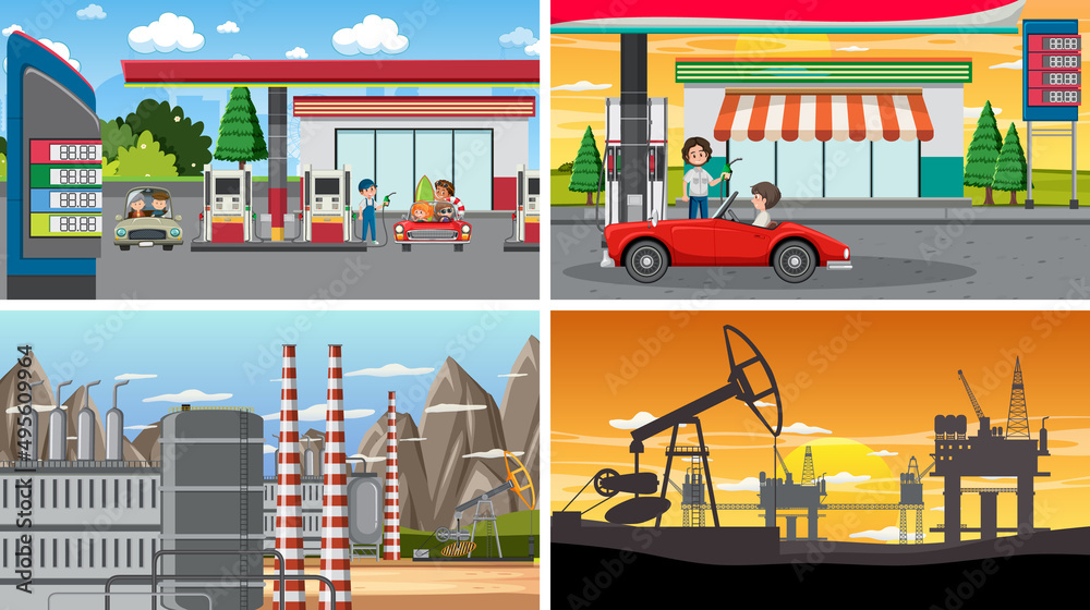 Set of oil petrol and gas relevant scene