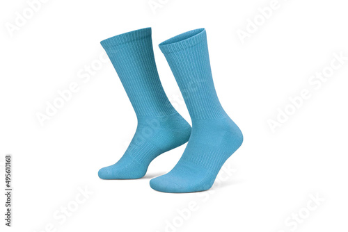 Pair of blue cotton socks isolated on white. Set of short socks for sports as mock up and label for advertising, logo, branding.