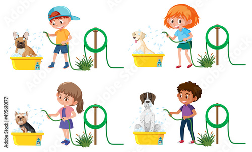 Set of different children washing her dog