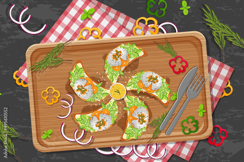Top view of bruschetta on a wooden tray