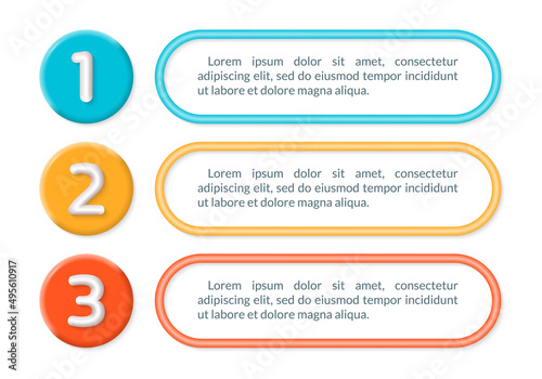 Modern 3d text box banner template with 3 steps. List or schedule with three numbers. Business presentation infographic. Layout, info graphic, brochure design. Vector illustration.