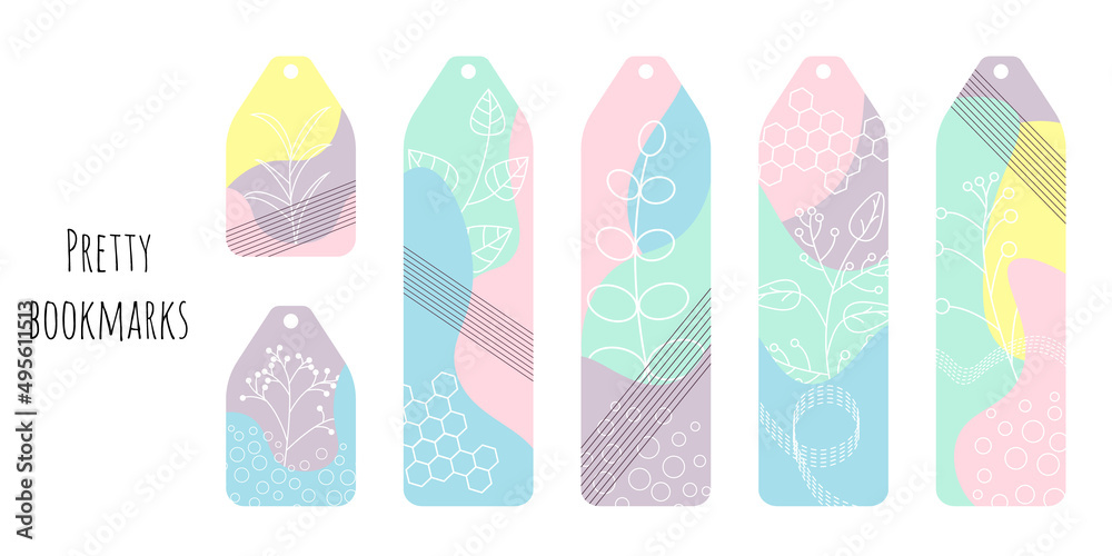 Set of 6 bookmarks with colored spots and decorative elements. Line botanical illustration. Bright and positive colors. Isolated on white background. Bookmark templates for reading.