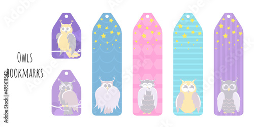 Set of 6 bookmarks and stickers with cute owls and decorative elements. Minimalistic illustration. Children's bookmarks for reading. Bright and positive colors.Isolated on white background.Separators.