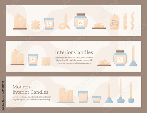 Modern candles vector banner set. Minimal elegant candles of different shapes and sizes beige horizontal banners. Classic candle sticks for dinner, candle in glass jar, small tea light candles.