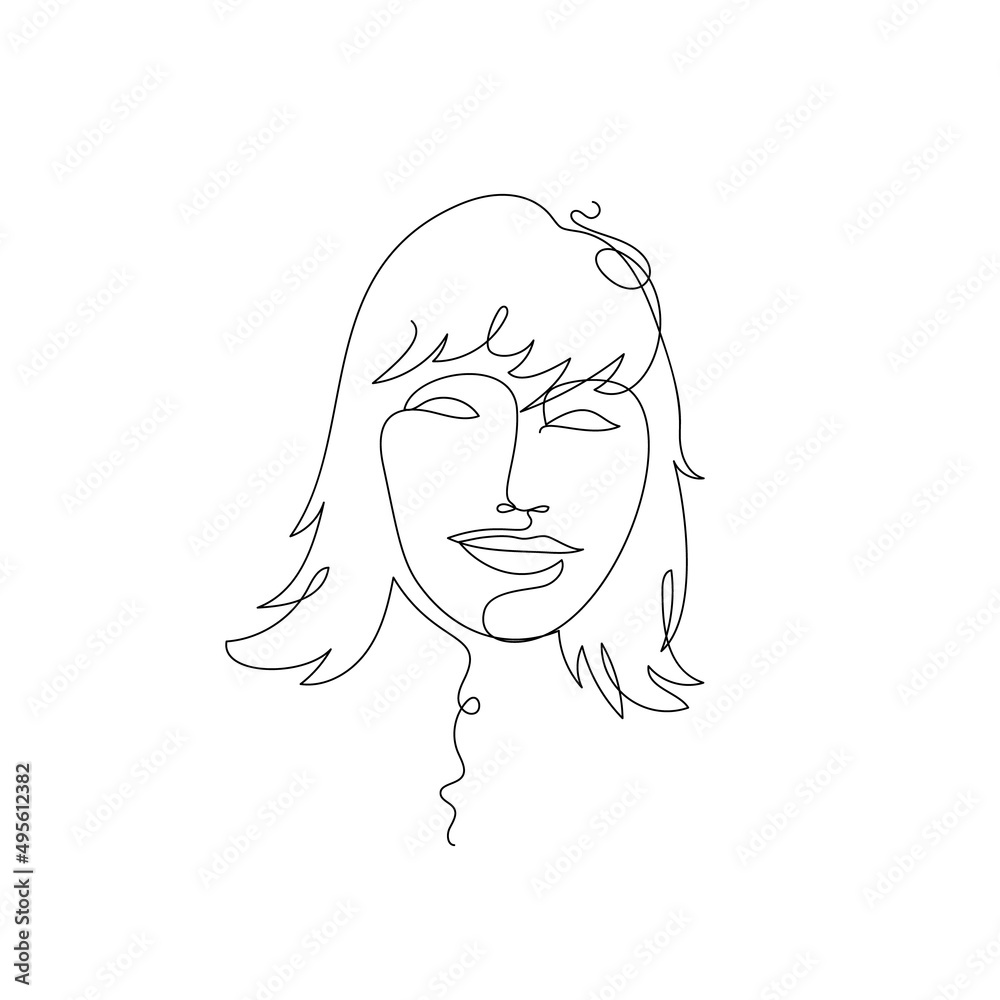 Female face single line drawing. Portrait of young beautiful girl line art. Female face single line drawing. Portrait of young beautiful girl line art.