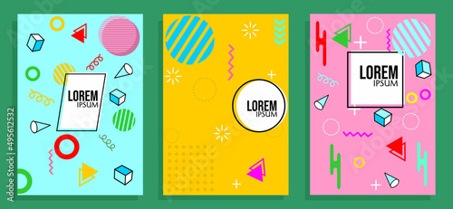 Memphis style book cover design set. abstract background with geometric ornaments, can be used for web design, presentations, annuals