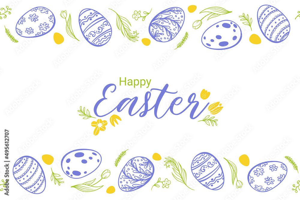 Happy Easter spring background with eggs  and tulips seamless pattern. Vector blue and green illustration on  white background for web banner, greeting cards and poster design.