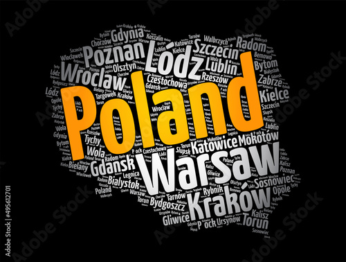 List of cities and towns in Poland, map word cloud collage, business and travel concept background #495612701