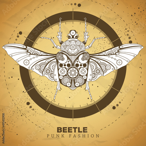 Goliath beetle silhouette with gears on old paper texture background. Punk style. Vector illustration
