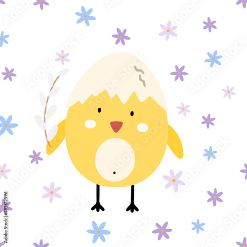 ute Easter vector card. Easter chick and easter eggs Illustration in scandinavian style for Card, Greeting, Banner.