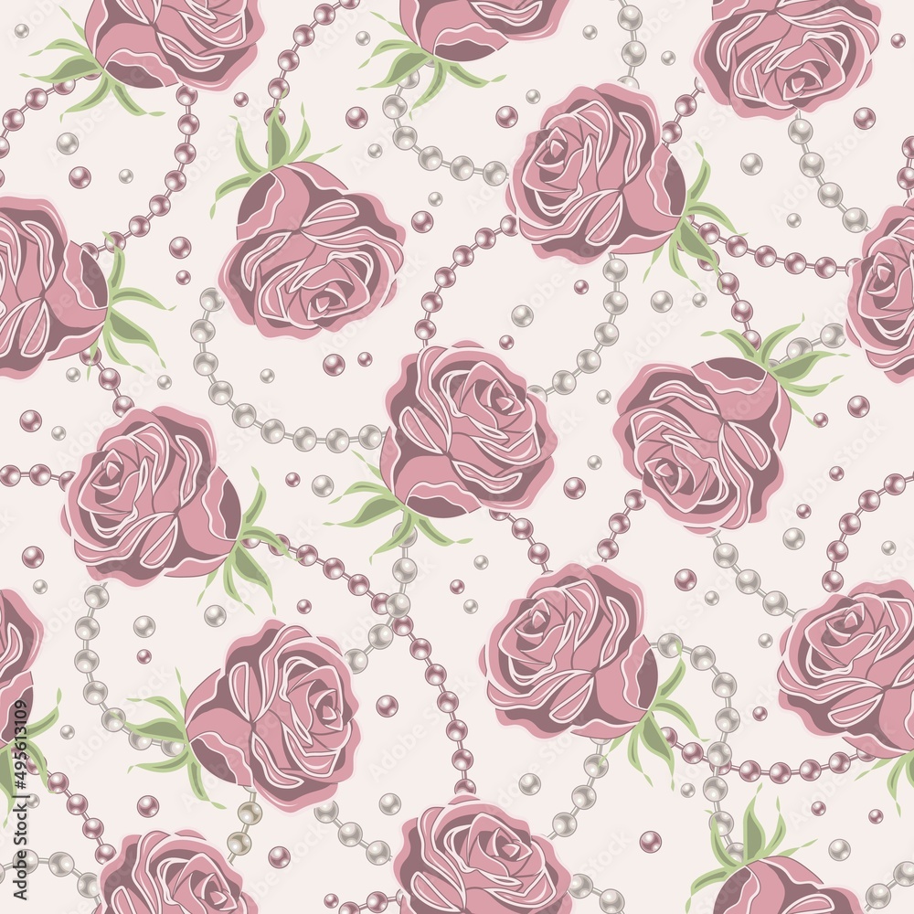 Seamless pattern with pale pink vintage roses, pearl strings, perls beads on white background. Vector illustration.