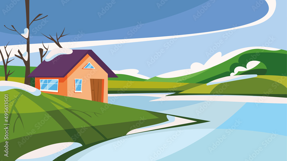 House on the lake in spring season. Beautiful nature landscape.