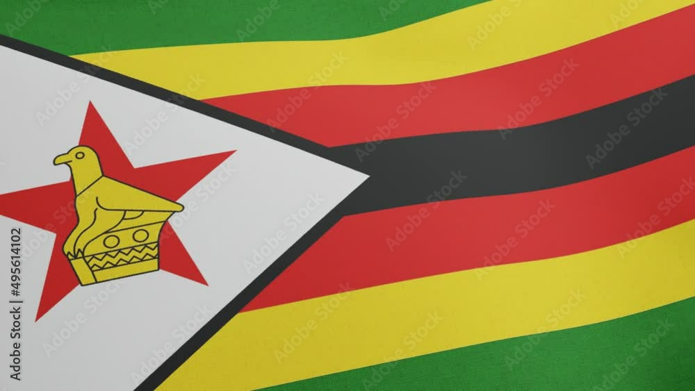 National flag of Zimbabwe waving original colors 3D Render, Republic of Zimbabwe flag textile with soapstone bird, coat of arms Zimbabwe independence day, Zimbabwean