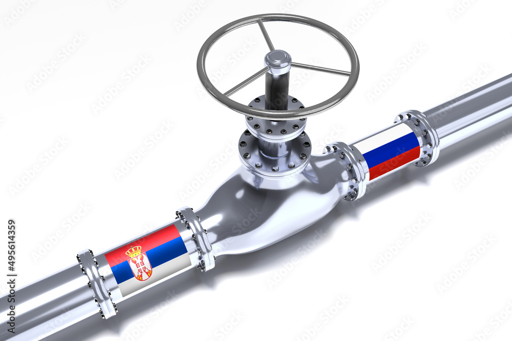 Gas pipeline, flags of Serbia and Russia - 3D illustration