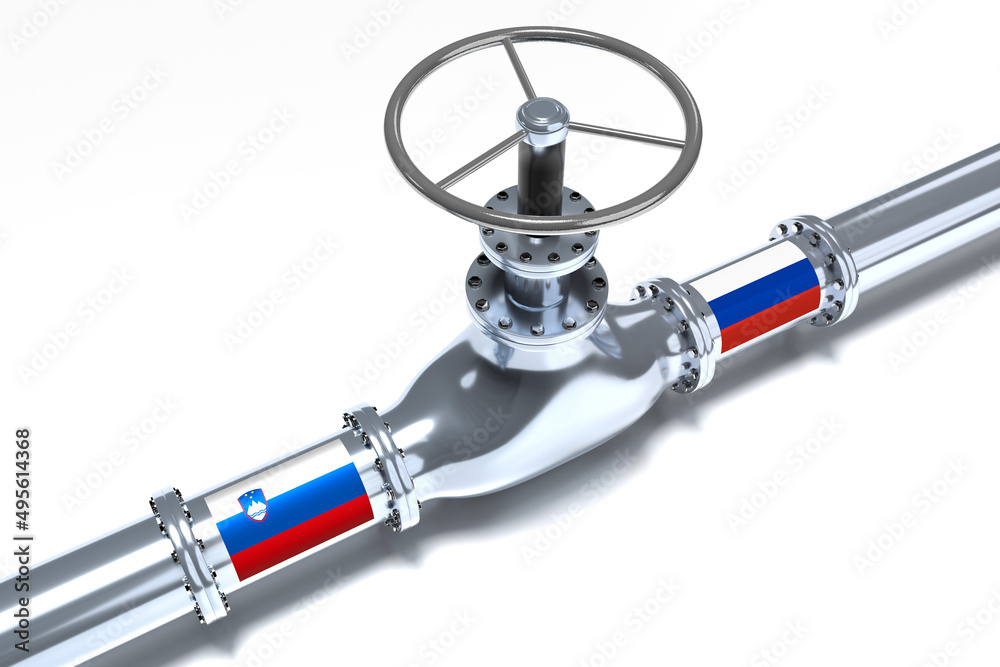 Gas pipeline, flags of Slovenia and Russia - 3D illustration
