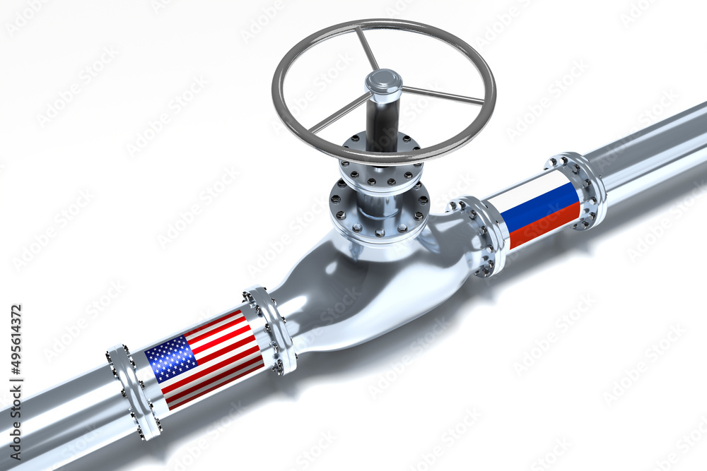 Gas pipeline, flags of USA and Russia - 3D illustration