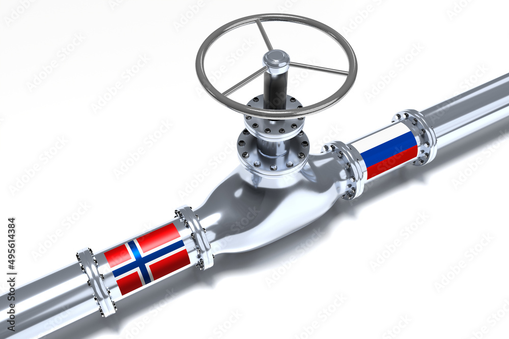 Gas pipeline, flags of Norway and Russia - 3D illustration