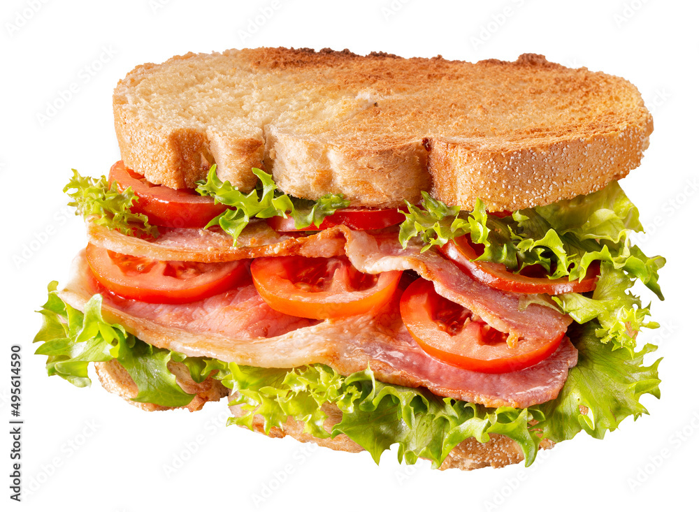 Bacon BLT sandwich with double bacon, lettuce and tomato. Isolated. Bacon BLT sandwich with double bacon, lettuce and tomato. Isolated.
