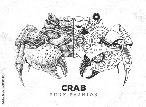 Realistic and punk style crab illustration. Crab silhouette with gears. Vector illustration