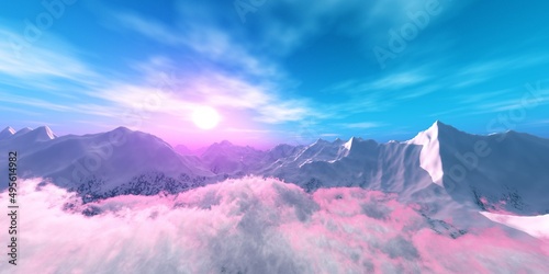 Mountains in the rays of the sun, Panorama of the mountain landscape at sunrise, snowy peaks in the clouds and rays of the sun, 3d rendering