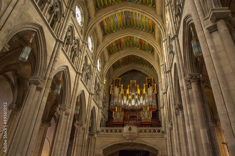 Pipe organ and nave vault of Almudena Cathedral in Madrid, Spain. 