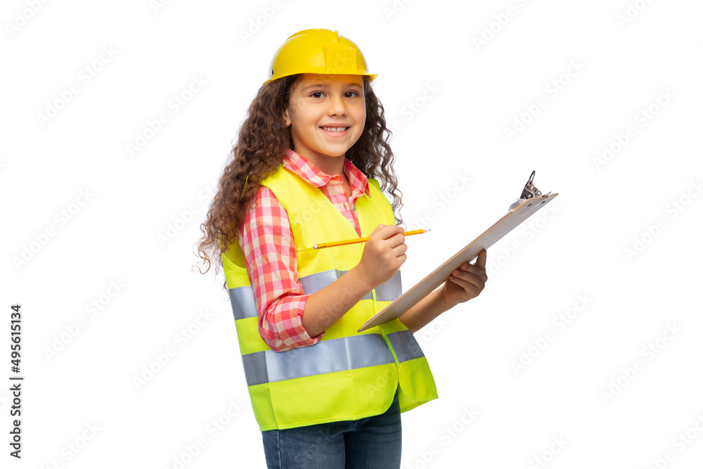 building, construction and profession concept - smiling little girl in protective helmet and safety vest with clipboard and pencil over white background building, construction and profession concept - smiling little girl in protective helmet and safety vest with clipboard and pencil over white background