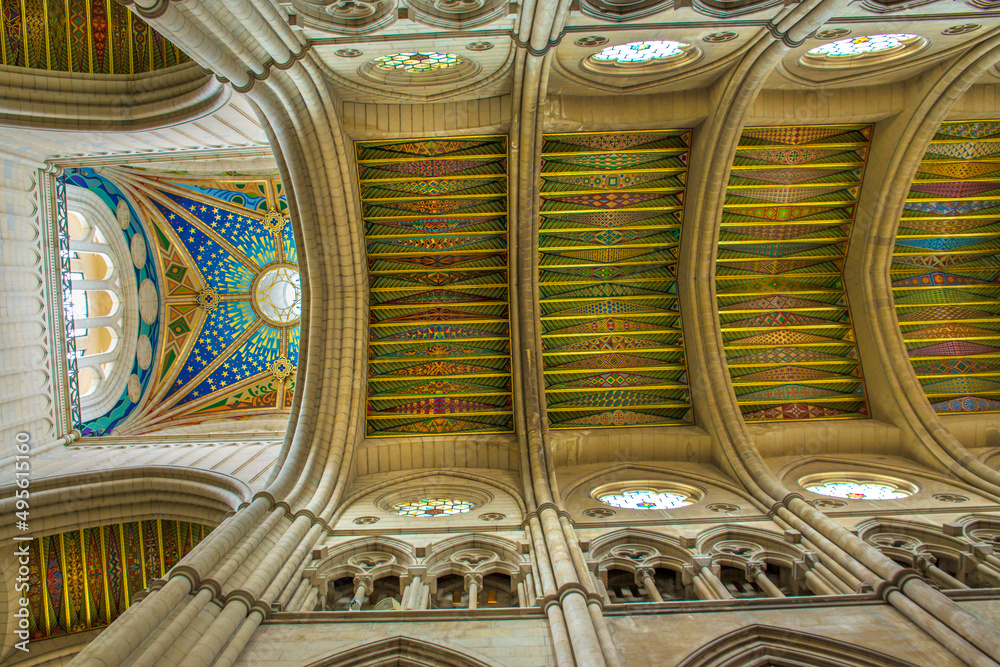 Interior of the square cupola and nave vault of Almudena Cathedral in Madrid, Spain. 