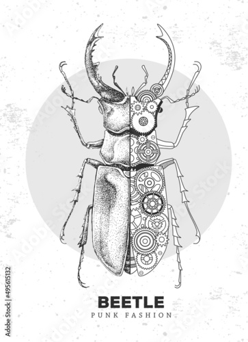Leinwand Poster Realistic and punk style stag beetle illustration