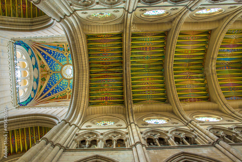 Interior of the square cupola and nave vault of Almudena Cathedral in Madrid, Spain. 