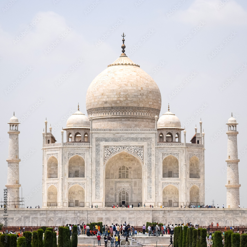 The Taj Mahal is an ivory-white marble mausoleum on the south bank of the Yamuna river in the Indian city of Agra, Uttar Pradesh, Taj Mahal, Agra, Uttar Pradesh, India, sunny day view