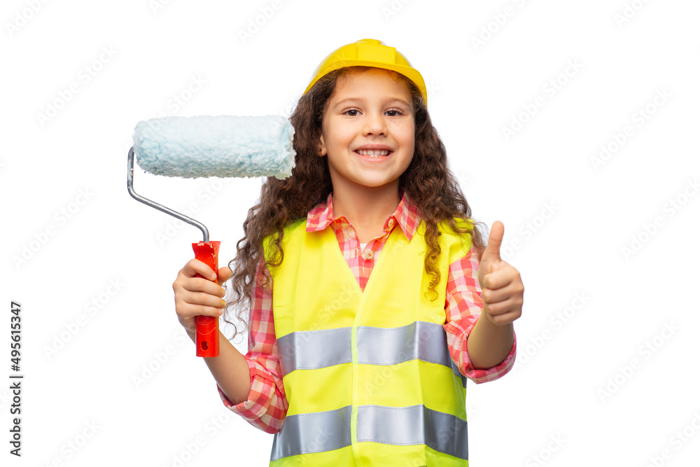 building, construction and profession concept - smiling little girl in protective helmet and safety vest with paint roller showing thumbs up over white background building, construction and profession concept - smiling little girl in protective helmet and safety vest with paint roller showing thumbs up over white background