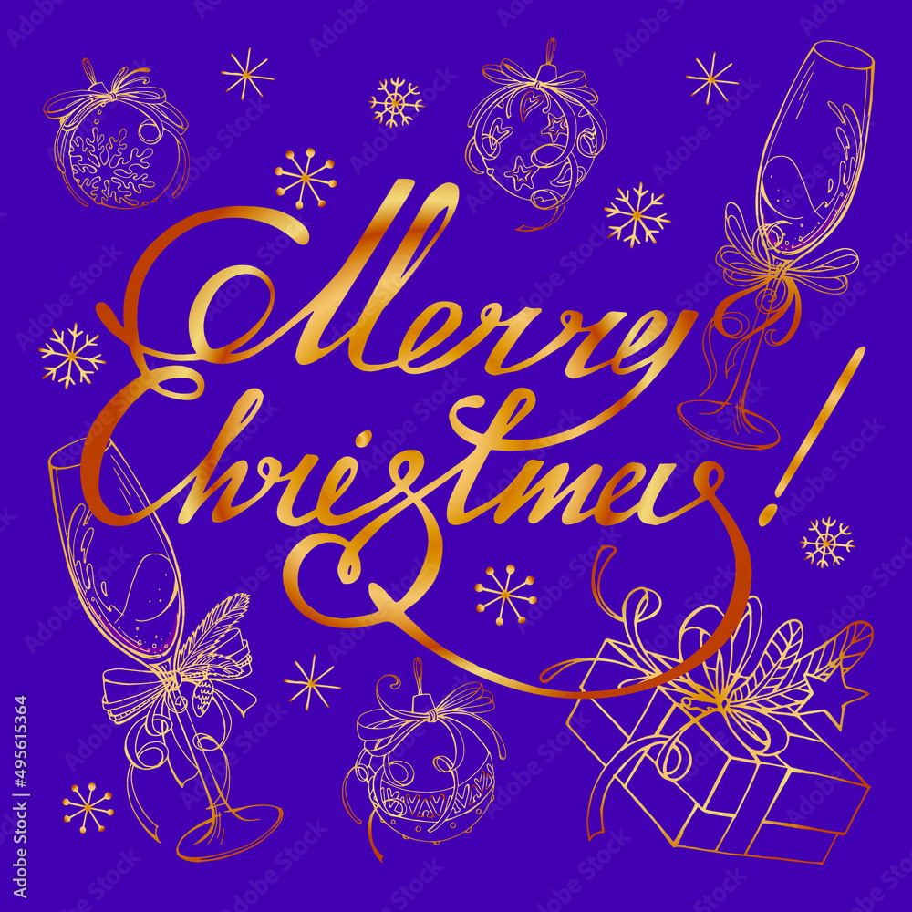 Vector square template: golden text Merry Christmas and linear glasses of champagne, gift boxes, snowflakes, decorative balls on purple background. Holiday design for card, poster, invitation. Vector square template: golden text Merry Christmas and linear glasses of champagne, gift boxes, snowflakes, decorative balls on purple background. Holiday design for card, poster, invitation.