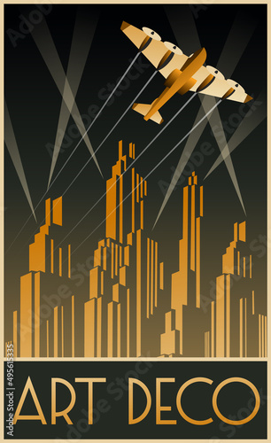 Art Deco Streamline Poster. 1920s-1930s Style Retro Futurism City Art