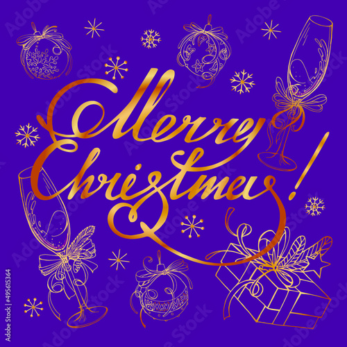 Vector square template: golden text Merry Christmas and linear glasses of champagne, gift boxes, snowflakes, decorative balls on purple background. Holiday design for card, poster, invitation.