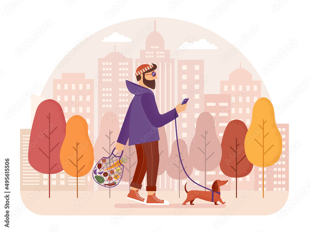 Man Looking at Smartphone Walking with Dog