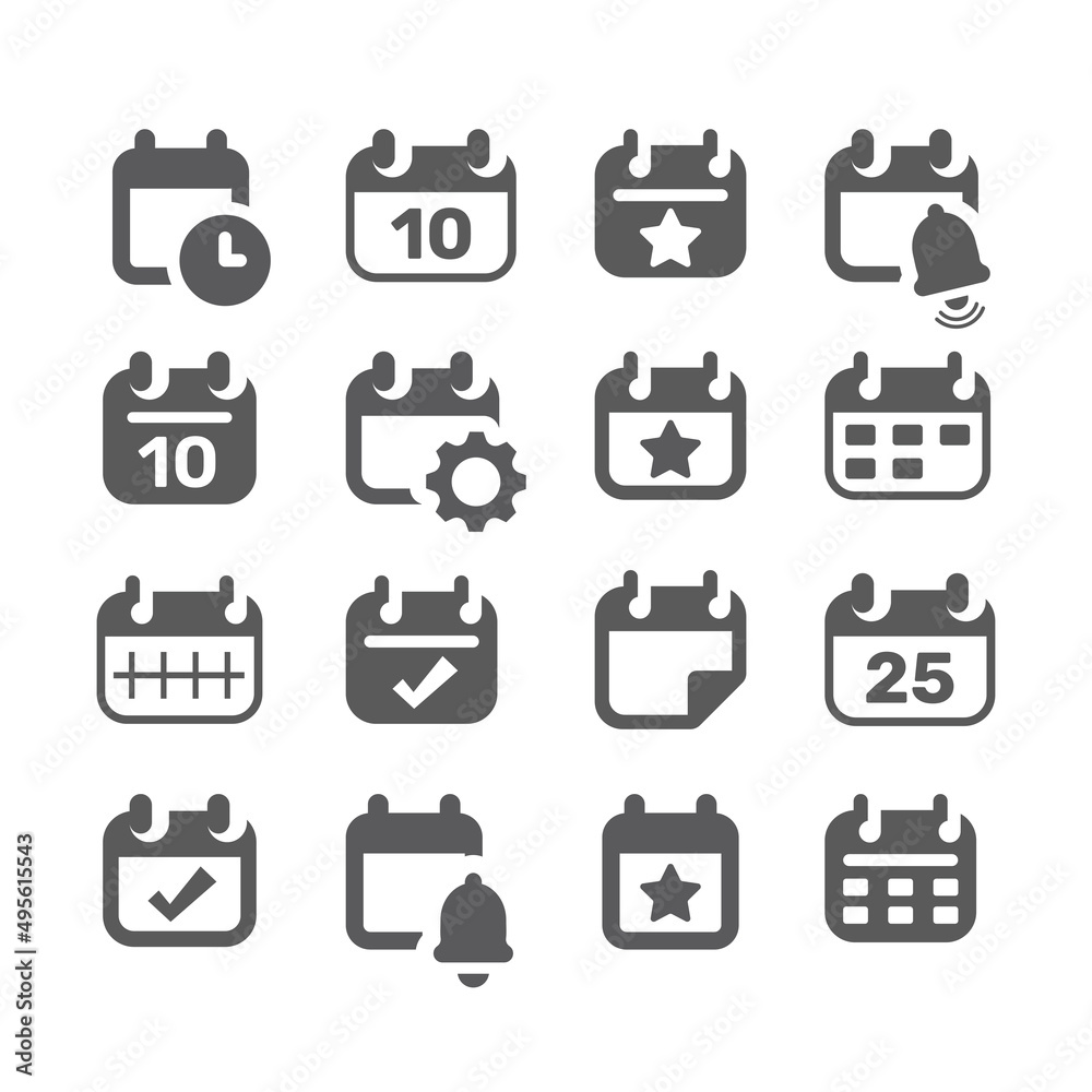 Calendar page black vector icon set. Date schedule filled icons. Calendar page black vector icon set. Date schedule filled icons.
